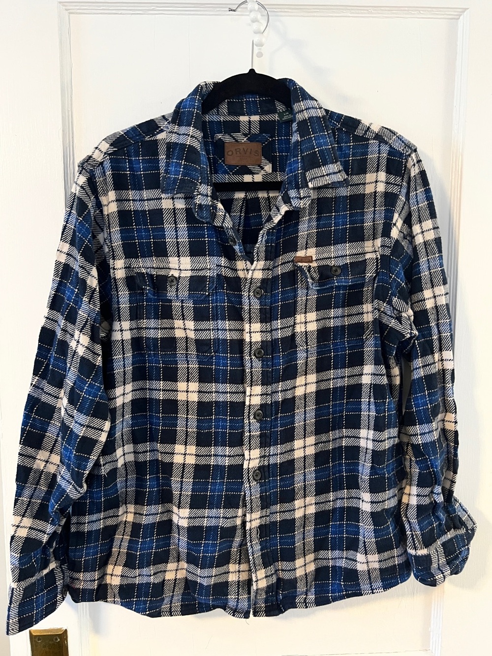 Orvis Heavyweight Plaid Flannel Shirt Jacket Shacket Cobalt Blue White Men's L